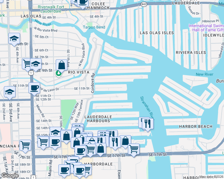 map of restaurants, bars, coffee shops, grocery stores, and more near 1630 Southeast 11th Street in Fort Lauderdale