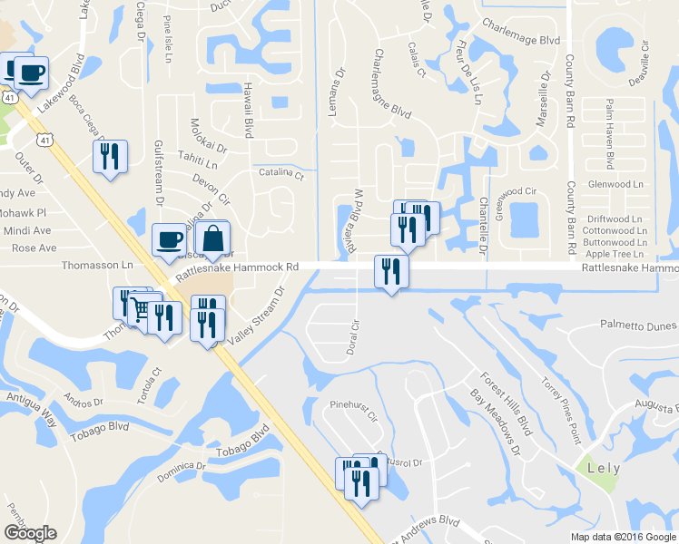 map of restaurants, bars, coffee shops, grocery stores, and more near 105 Willow Creek Lane in Naples