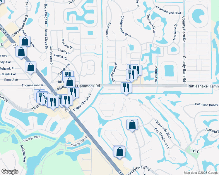 map of restaurants, bars, coffee shops, grocery stores, and more near 105 Willow Creek Lane in Naples