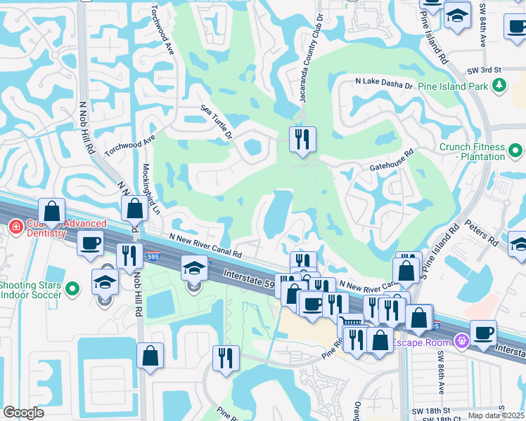 map of restaurants, bars, coffee shops, grocery stores, and more near 940 Bayberry Point Drive in Plantation