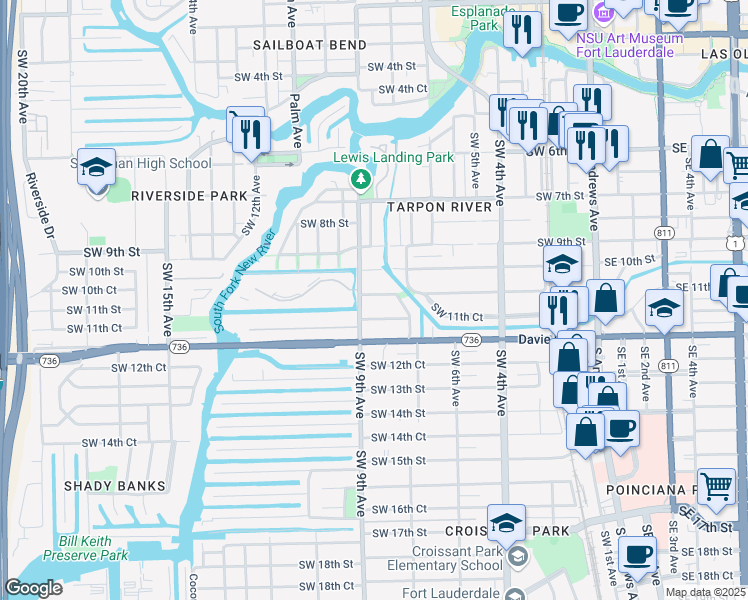 map of restaurants, bars, coffee shops, grocery stores, and more near 846 Southwest 11th Street in Fort Lauderdale