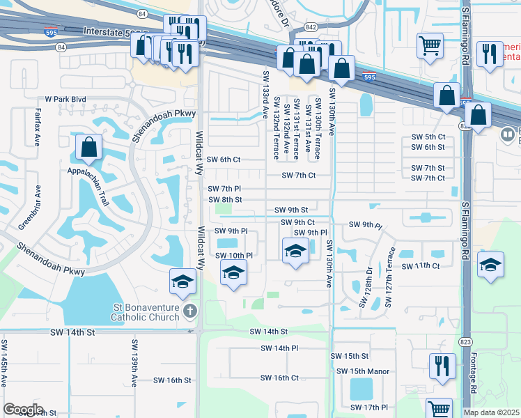 map of restaurants, bars, coffee shops, grocery stores, and more near 841 Southwest 133rd Avenue in Davie