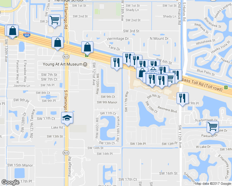 map of restaurants, bars, coffee shops, grocery stores, and more near 851 Southwest 118th Terrace in Davie