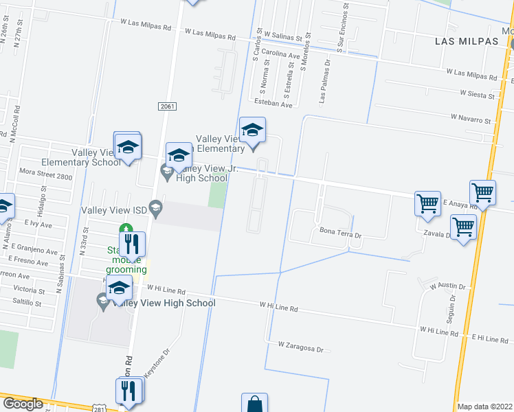 map of restaurants, bars, coffee shops, grocery stores, and more near 1401 West Anaya Road in Pharr