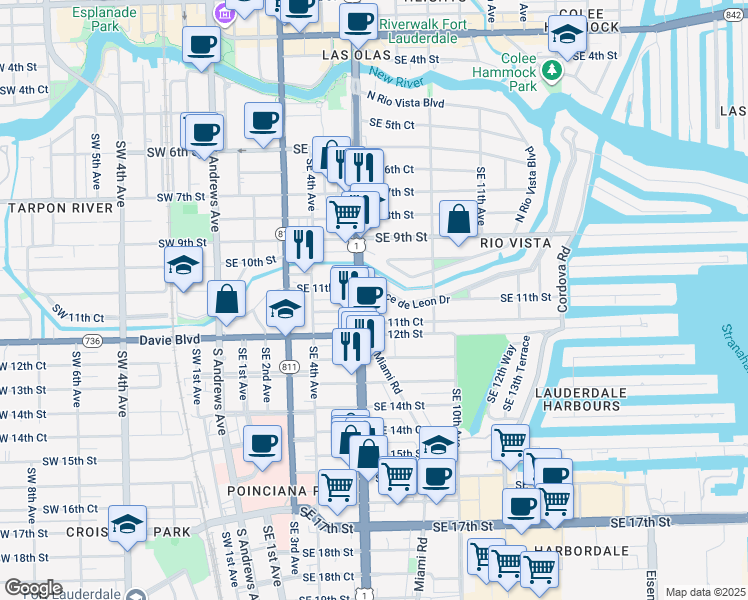 map of restaurants, bars, coffee shops, grocery stores, and more near 700 Ponce De Leon Drive in Fort Lauderdale