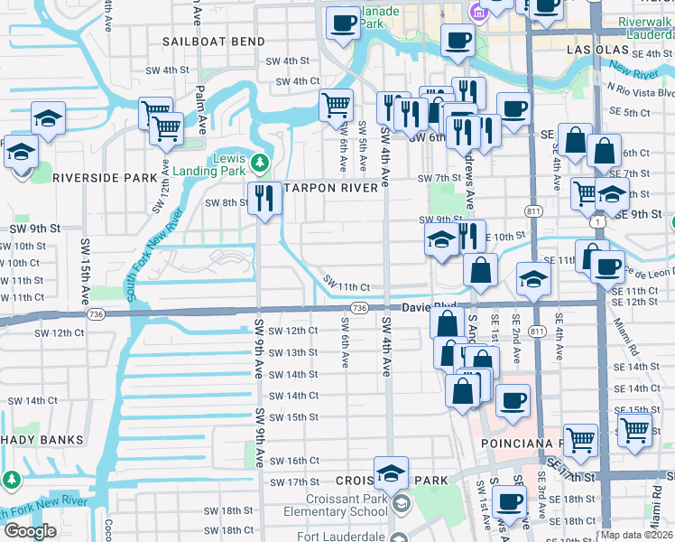 map of restaurants, bars, coffee shops, grocery stores, and more near 606 Southwest 11th Street in Fort Lauderdale