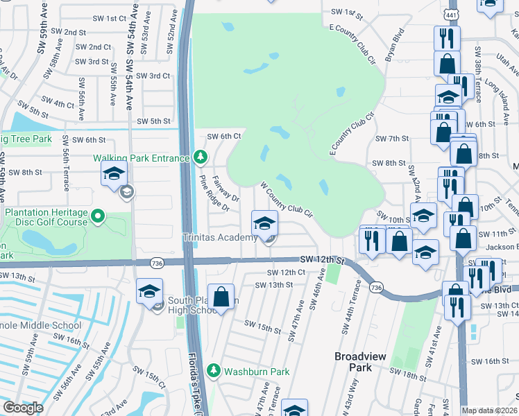 map of restaurants, bars, coffee shops, grocery stores, and more near 924 Southwest 49th Terrace in Plantation