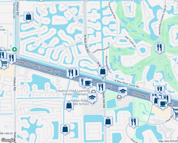 map of restaurants, bars, coffee shops, grocery stores, and more near 10221 Blue Palm Street in Plantation