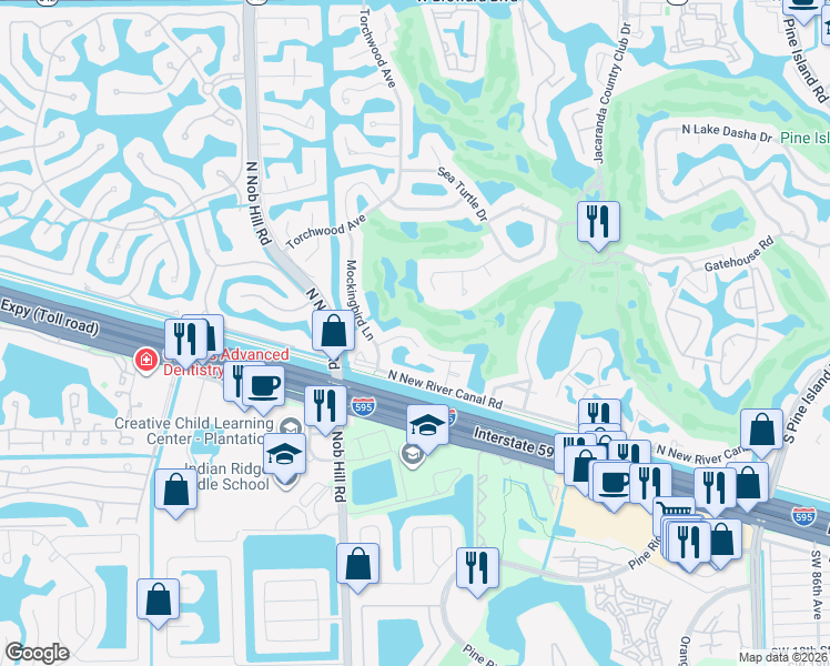 map of restaurants, bars, coffee shops, grocery stores, and more near 504 Trellis Road in Plantation