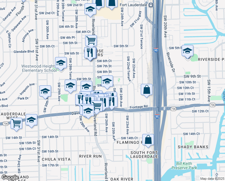 map of restaurants, bars, coffee shops, grocery stores, and more near 1017 Southwest 25th Avenue in Fort Lauderdale
