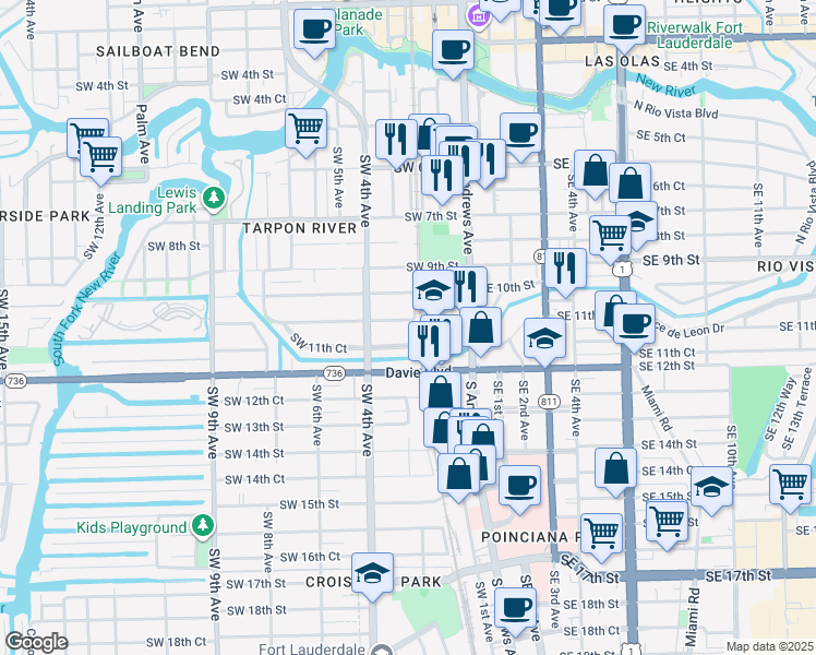 map of restaurants, bars, coffee shops, grocery stores, and more near 200 Southwest 11th Street in Fort Lauderdale