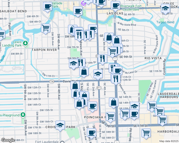 map of restaurants, bars, coffee shops, grocery stores, and more near 121 Rose Drive in Fort Lauderdale