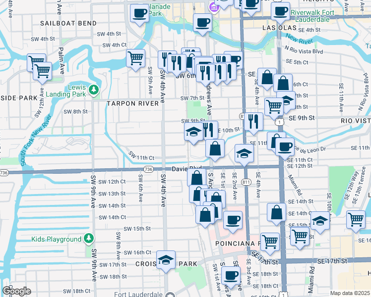map of restaurants, bars, coffee shops, grocery stores, and more near 200 Southwest 11th Street in Fort Lauderdale