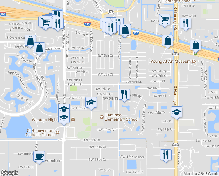 map of restaurants, bars, coffee shops, grocery stores, and more near 13101 Southwest 9th Street in Davie