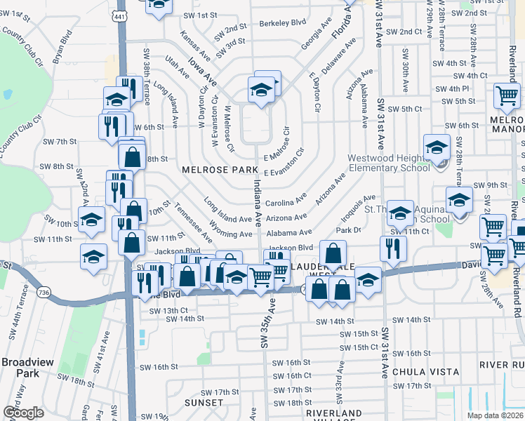 map of restaurants, bars, coffee shops, grocery stores, and more near 1177 Arizona Avenue in Fort Lauderdale