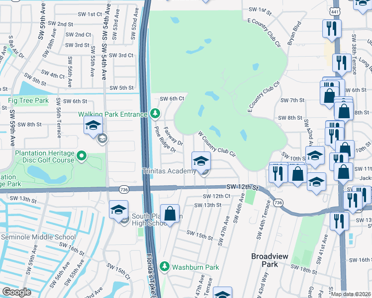map of restaurants, bars, coffee shops, grocery stores, and more near 972 Pine Ridge Drive in Plantation