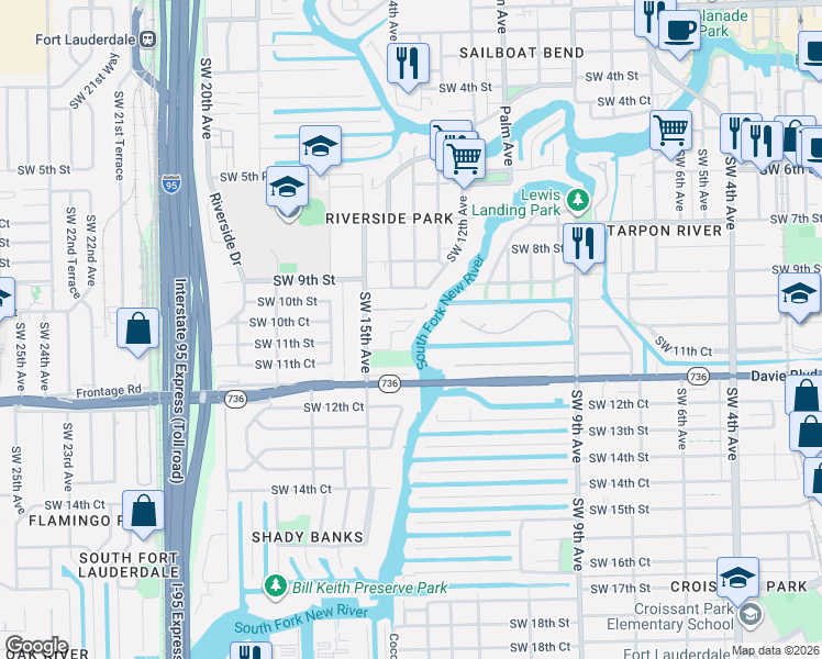 map of restaurants, bars, coffee shops, grocery stores, and more near 1100 Southwest 14th Terrace in Fort Lauderdale