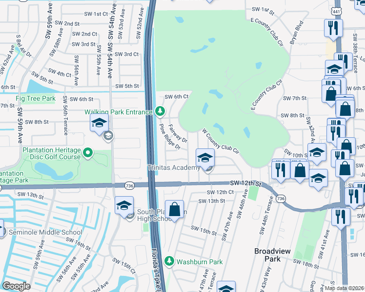 map of restaurants, bars, coffee shops, grocery stores, and more near 972 Pine Ridge Drive in Plantation