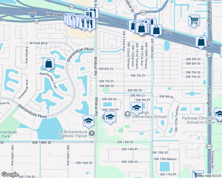 map of restaurants, bars, coffee shops, grocery stores, and more near 13431 Southwest 9th Street in Davie