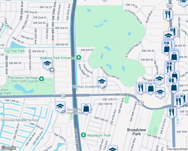 map of restaurants, bars, coffee shops, grocery stores, and more near 972 Pine Ridge Drive in Plantation
