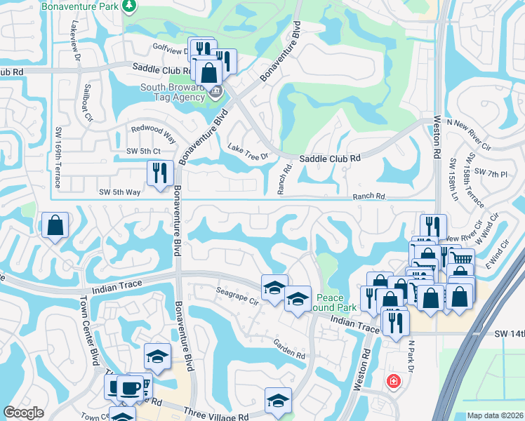 map of restaurants, bars, coffee shops, grocery stores, and more near 1051 Deerpath Court in Weston