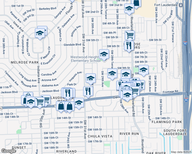 map of restaurants, bars, coffee shops, grocery stores, and more near 1031 Southwest 29th Way in Fort Lauderdale