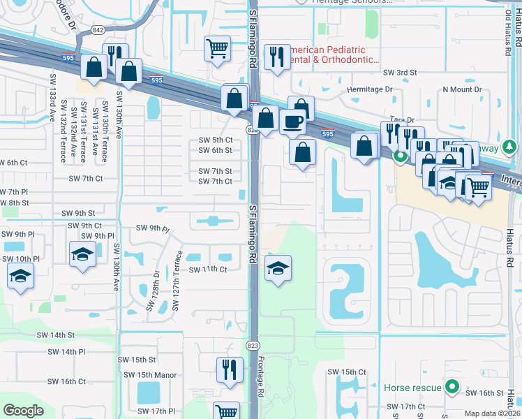 map of restaurants, bars, coffee shops, grocery stores, and more near 830 South Flamingo Road in Davie