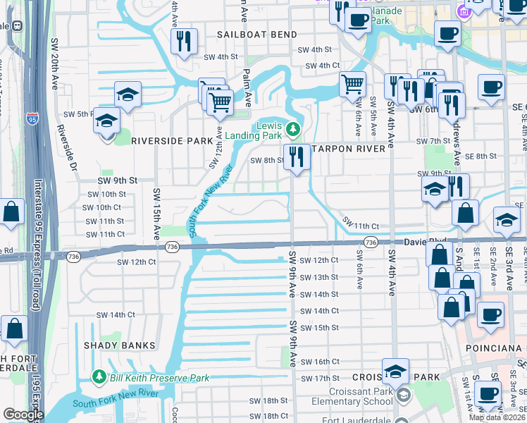 map of restaurants, bars, coffee shops, grocery stores, and more near 1000 River Reach Drive in Fort Lauderdale