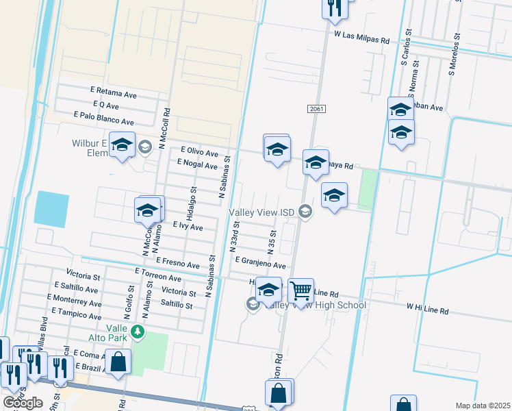 map of restaurants, bars, coffee shops, grocery stores, and more near 1103 34th Drive in Hidalgo
