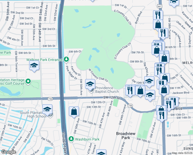 map of restaurants, bars, coffee shops, grocery stores, and more near 1019 West Country Club Circle in Plantation