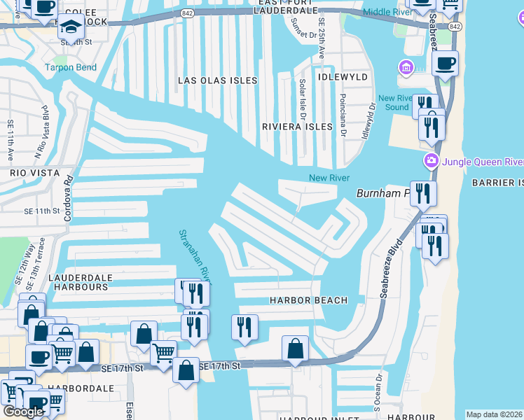map of restaurants, bars, coffee shops, grocery stores, and more near 14 Isla Bahia Drive in Fort Lauderdale