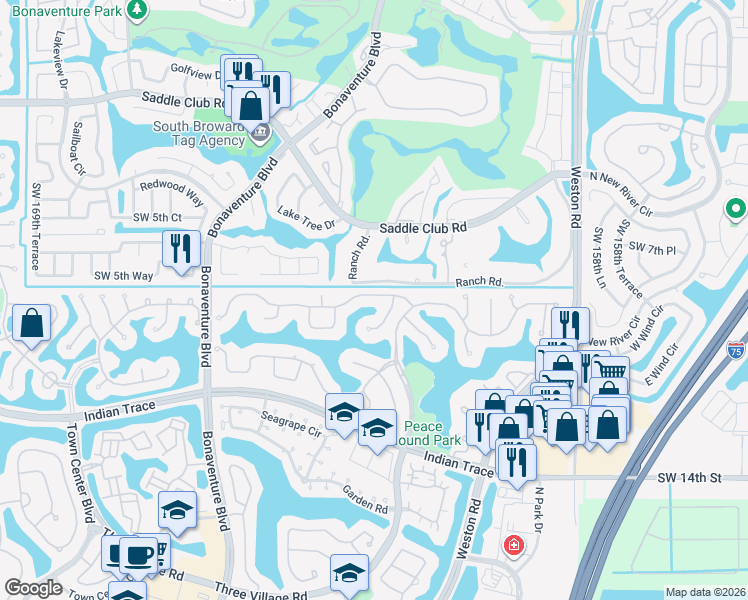 map of restaurants, bars, coffee shops, grocery stores, and more near 1070 Pine Branch Drive in Weston