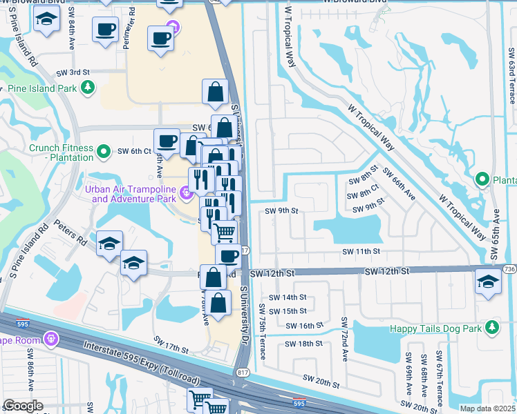 map of restaurants, bars, coffee shops, grocery stores, and more near 901 Southwest 75th Terrace in Plantation