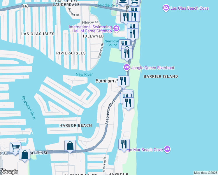 map of restaurants, bars, coffee shops, grocery stores, and more near 3055 Harbor Drive in Fort Lauderdale