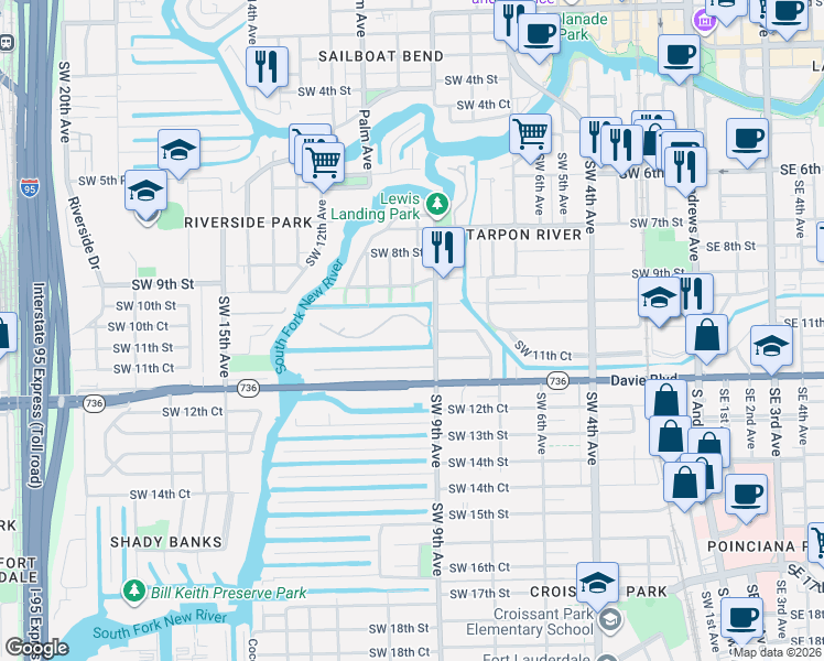 map of restaurants, bars, coffee shops, grocery stores, and more near 950 River Reach Drive in Fort Lauderdale