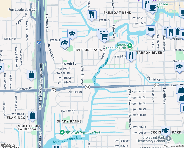 map of restaurants, bars, coffee shops, grocery stores, and more near 1100 Southwest 14th Terrace in Fort Lauderdale