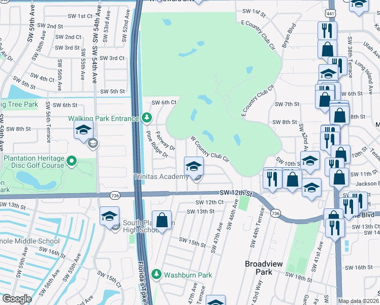 map of restaurants, bars, coffee shops, grocery stores, and more near 924 Southwest 49th Terrace in Plantation