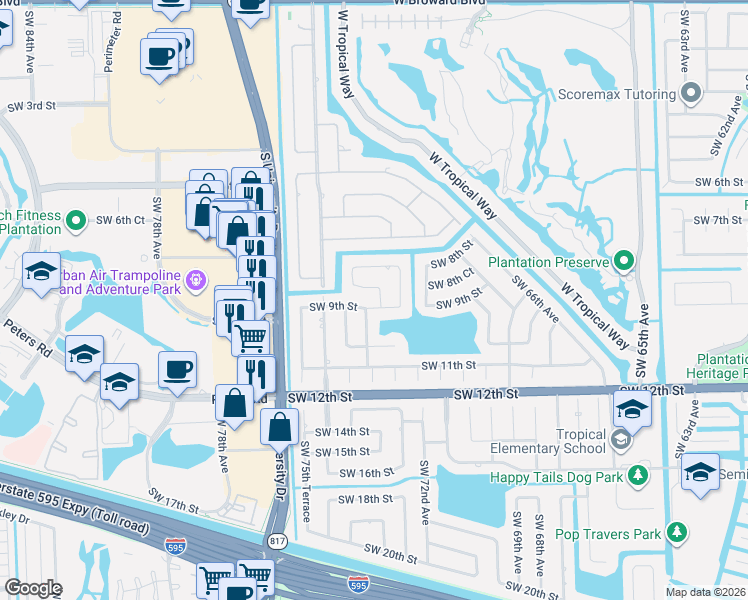 map of restaurants, bars, coffee shops, grocery stores, and more near 7392 Southwest 9th Court in Plantation