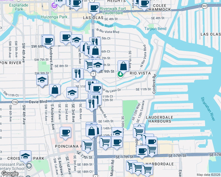 map of restaurants, bars, coffee shops, grocery stores, and more near 813 Ponce de Leon Drive in Fort Lauderdale