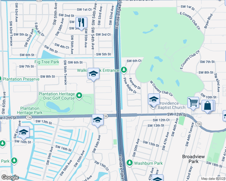 map of restaurants, bars, coffee shops, grocery stores, and more near 950 Southwest 52nd Avenue in Plantation