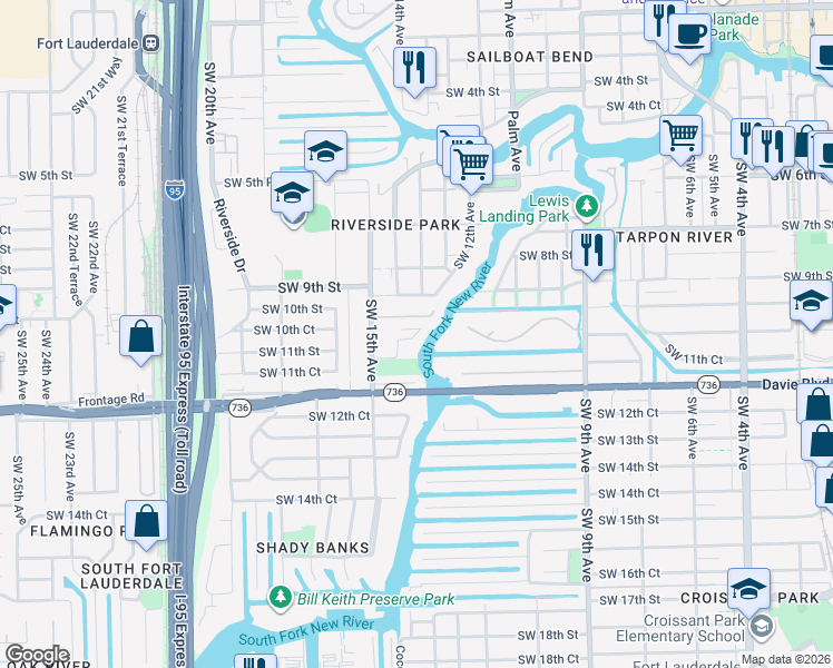 map of restaurants, bars, coffee shops, grocery stores, and more near 1100 Southwest 14th Terrace in Fort Lauderdale
