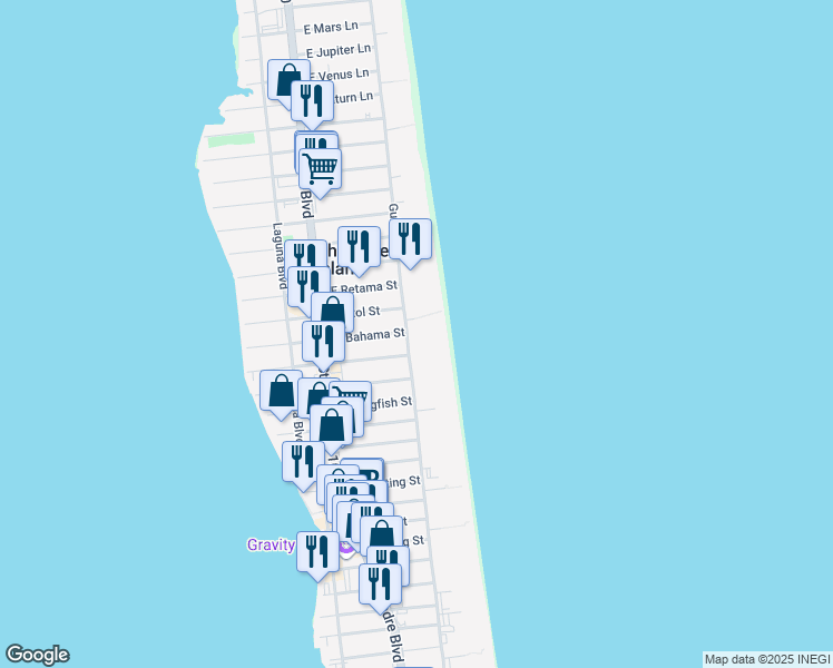 map of restaurants, bars, coffee shops, grocery stores, and more near 3400 Gulf Boulevard in South Padre Island