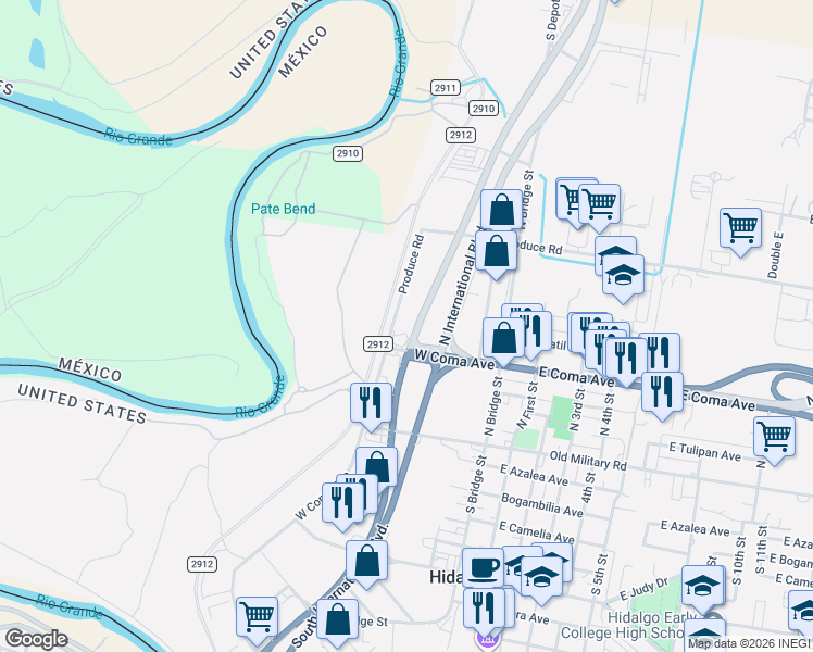 map of restaurants, bars, coffee shops, grocery stores, and more near 410 International Boulevard in Hidalgo