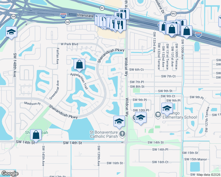 map of restaurants, bars, coffee shops, grocery stores, and more near 13771 Cedar Bluff Court in Davie