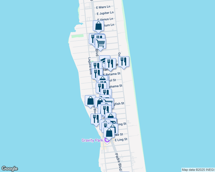 map of restaurants, bars, coffee shops, grocery stores, and more near 108 East Bahama Street in South Padre Island