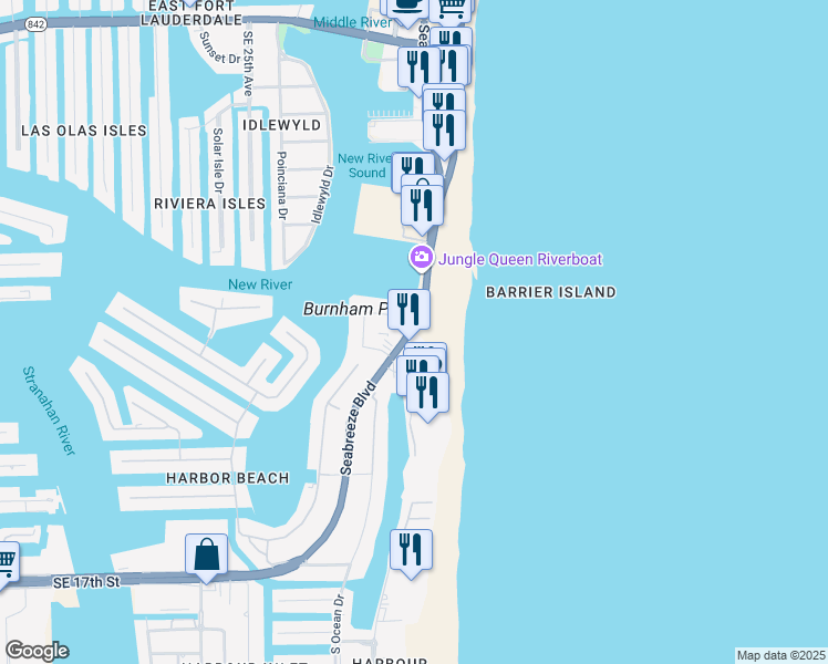 map of restaurants, bars, coffee shops, grocery stores, and more near 1100 Seabreeze Boulevard in Fort Lauderdale
