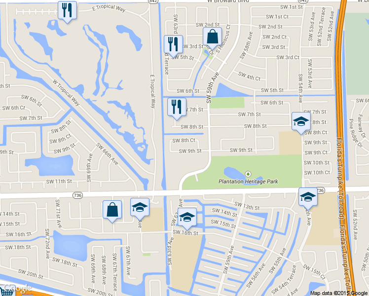 map of restaurants, bars, coffee shops, grocery stores, and more near 6101 Southwest 9th Street in Plantation
