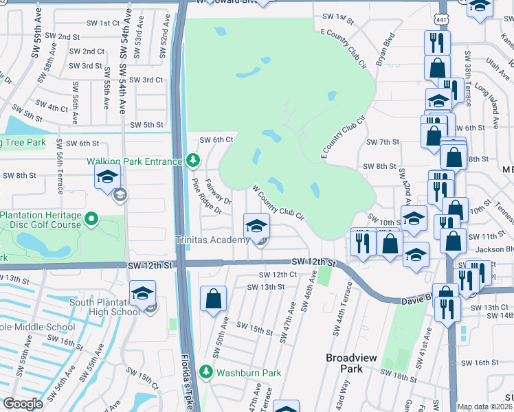 map of restaurants, bars, coffee shops, grocery stores, and more near 924 Southwest 49th Terrace in Plantation