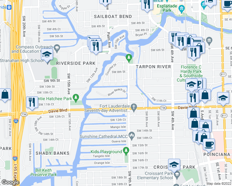 map of restaurants, bars, coffee shops, grocery stores, and more near 1000 River Reach Drive in Fort Lauderdale