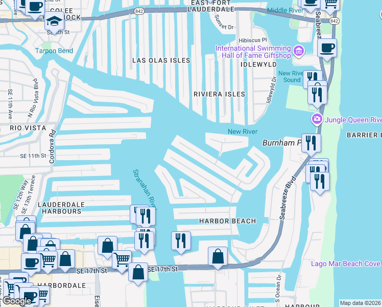 map of restaurants, bars, coffee shops, grocery stores, and more near 14 Isla Bahia Drive in Fort Lauderdale